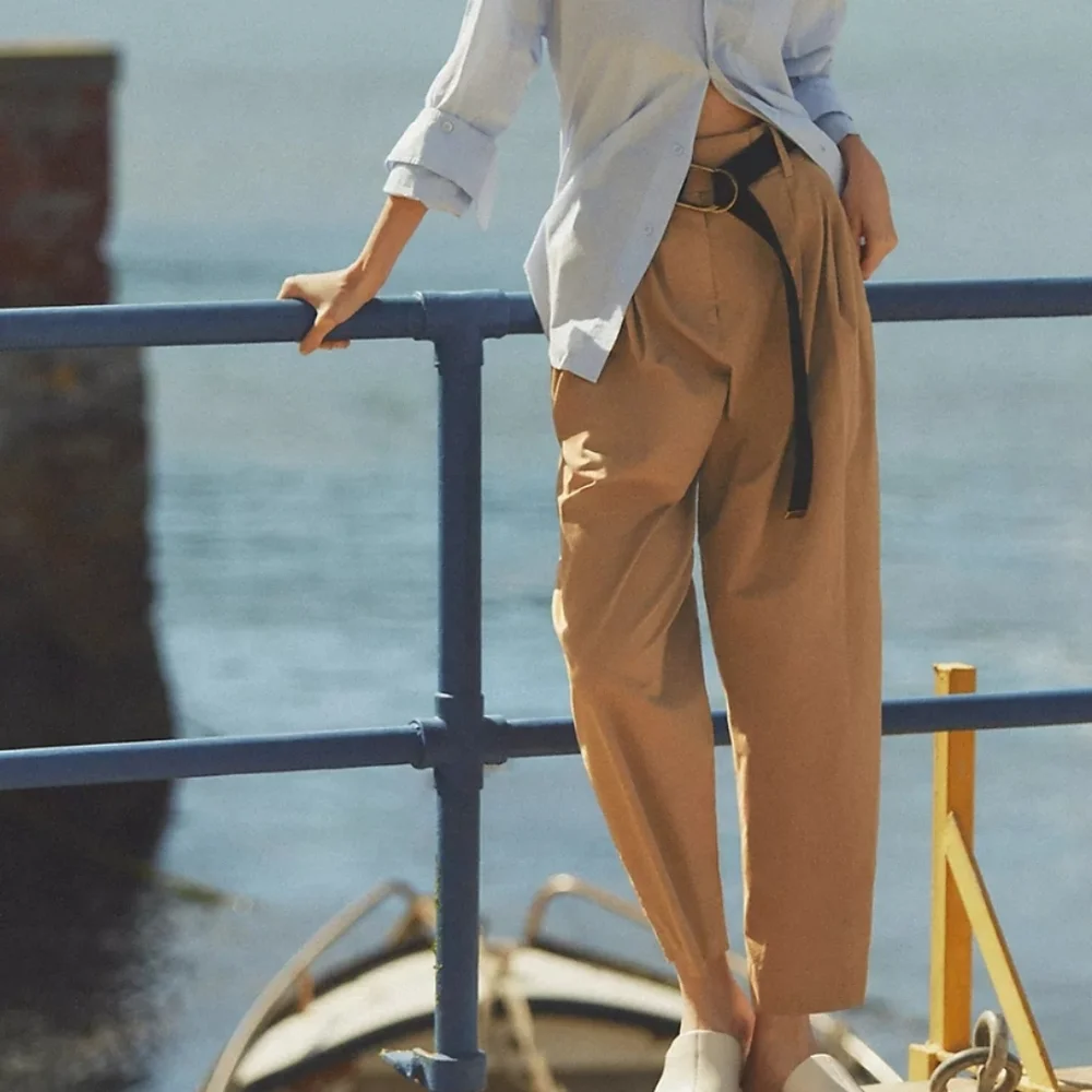 Anthropologie X Exquise Barell Leg Chino Tan High-Waisted Chic Trousers Sz M - Picture 1 of 12